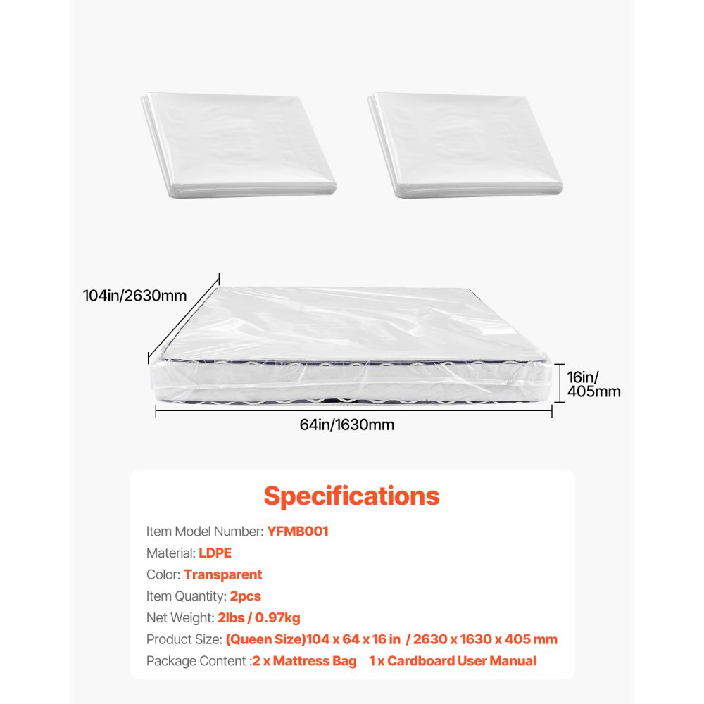 VEVOR Plastic Mattress Bag, 2 Mil Thick Mattress Storage Bag, Wear-Resistant and Waterproof Plastic Bed Cover with Reinforced Corner Design, Heavy-Duty Mattress Moving Supplies (2 Pack, Queen Size)