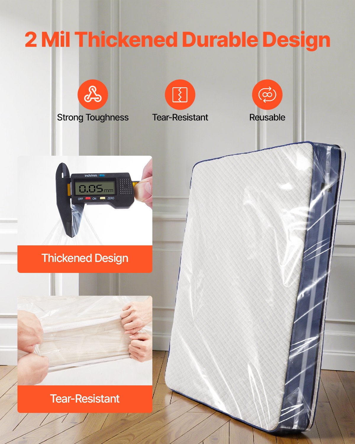 VEVOR Plastic Mattress Bag, 2 Mil Thick Mattress Storage Bag, Wear-Resistant and Waterproof Plastic Bed Cover with Reinforced Corner Design, Heavy-Duty Mattress Moving Supplies (2 Pack, Queen Size)