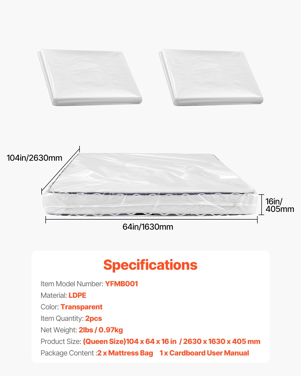 VEVOR Plastic Mattress Bag, 2 Mil Thick Mattress Storage Bag, Wear-Resistant and Waterproof Plastic Bed Cover with Reinforced Corner Design, Heavy-Duty Mattress Moving Supplies (2 Pack, Queen Size)