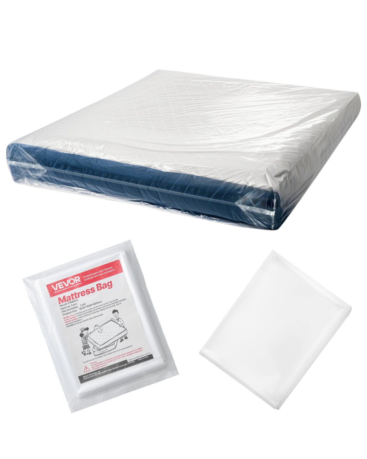 VEVOR Plastic Mattress Bag, 2 Mil Thick Mattress Storage Bag, Wear-Resistant and Waterproof Plastic Bed Cover with Reinforced Corner Design, Heavy-Duty Mattress Moving Supplies (2 Pack, Queen Size)