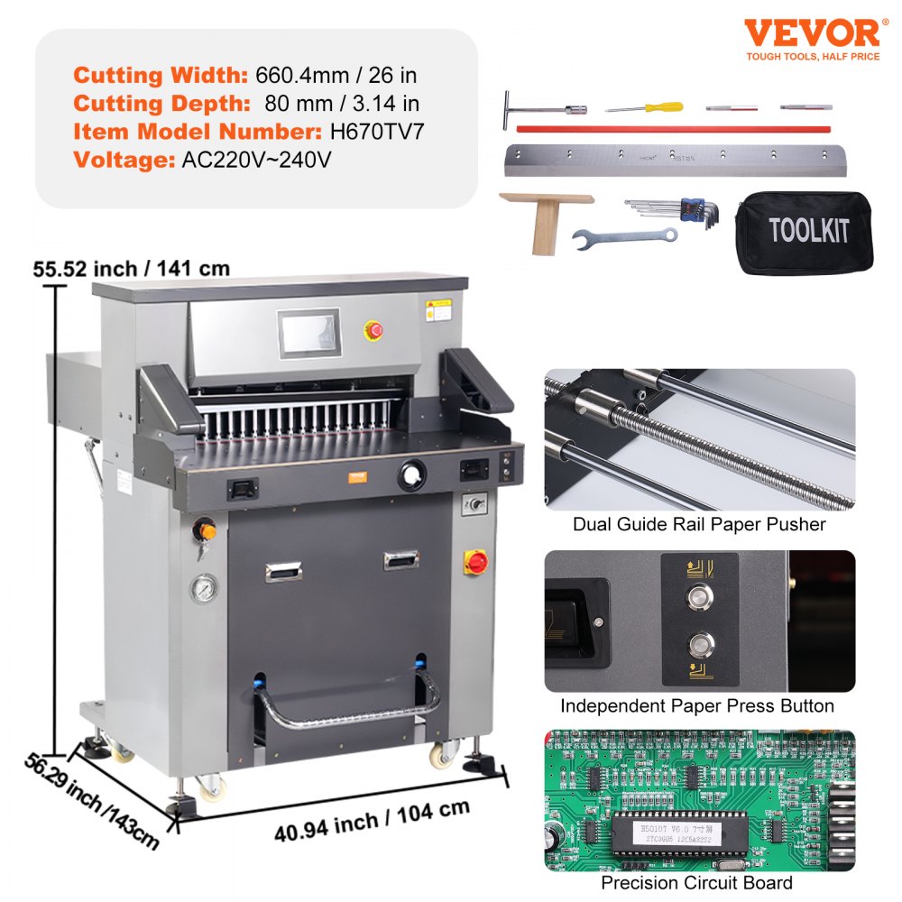 VEVOR Electric Hydraulic Paper Cutter 660.4 mm Cutting Width 80 mm Thickness 177.8 mm Screen