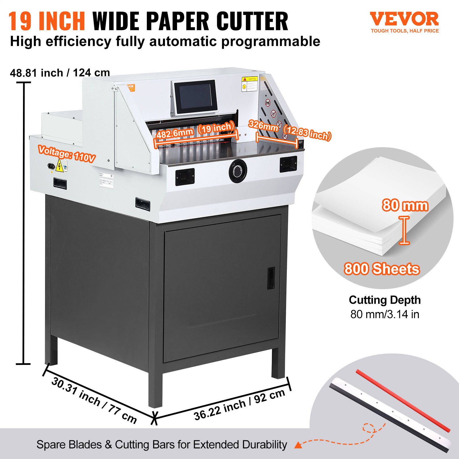 VEVOR Electric Paper Cutter 482.6 mm Cutting Width 80 mm Thickness 177.8 mm Touchscreen