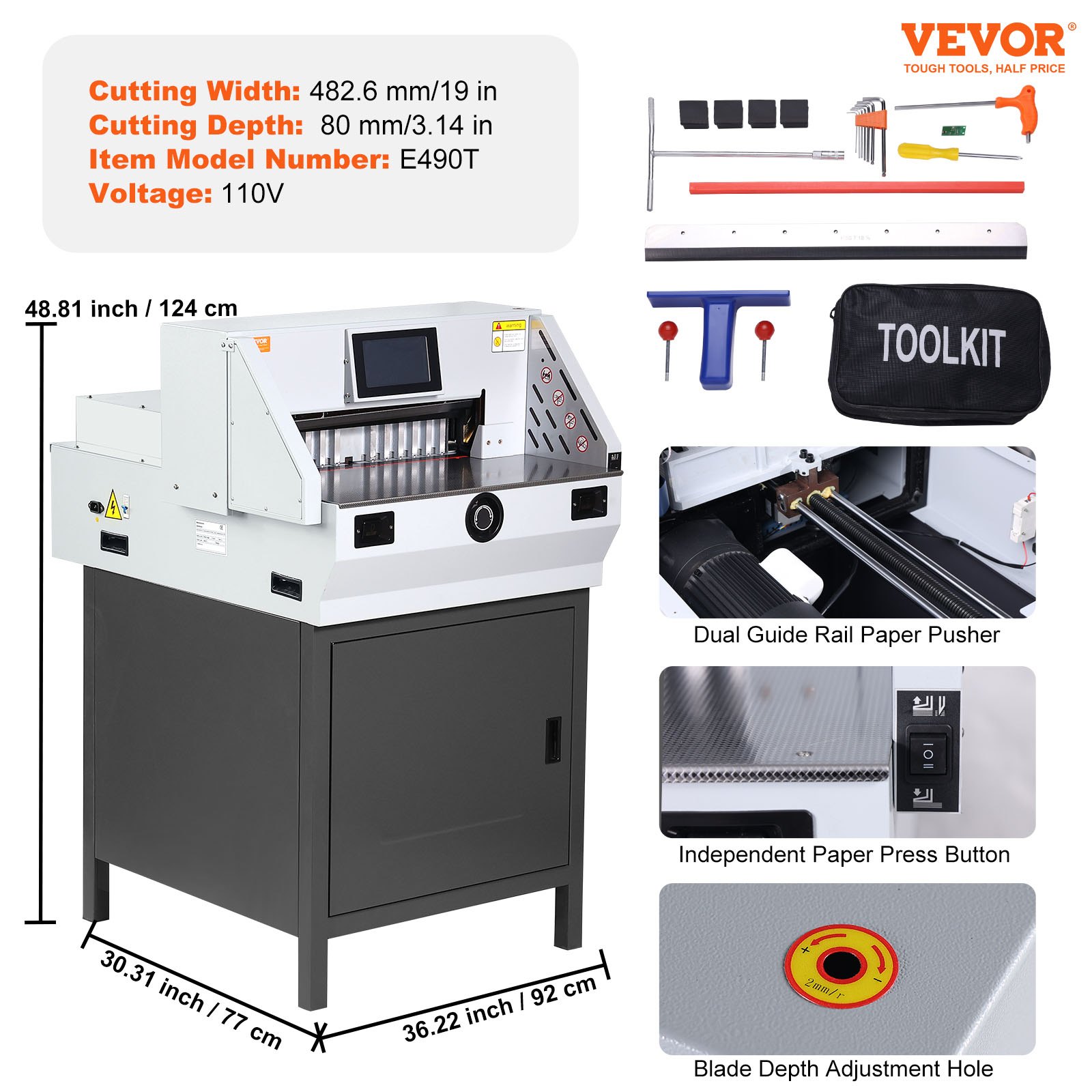 VEVOR Electric Paper Cutter 482.6 mm Cutting Width 80 mm Thickness 177.8 mm Touchscreen