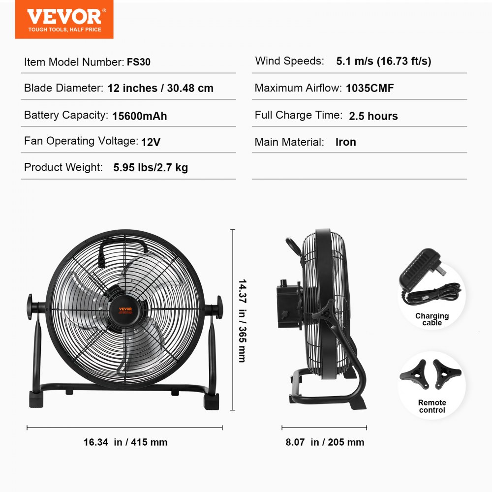 VEVOR Cordless Fan 12 in, Portable Quiet Personal Fan for Home or Office, 360 Degree Manual Pivoting Head, Stepless Speed Regulation High Velocity Cordless Fan, Heavy Duty Metal Industrial Floor Fans