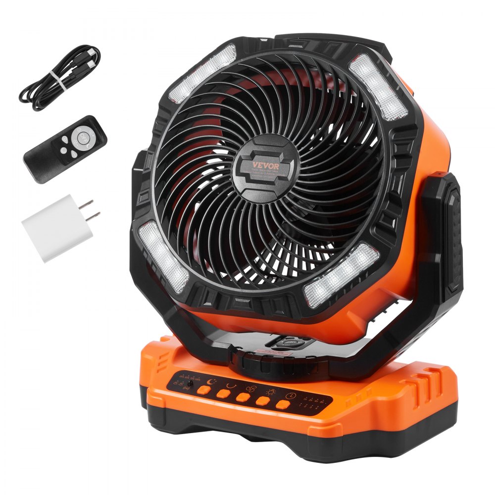 VEVOR Ventilateur portable rechargeable 13 pouces, alimenté par batterie avec lanterne LED, 4 vitesses réglables et pivotement et minuterie automatique à 45°/90°, ventilateurs USB à piles pour voyage, chambre à coucher, maison, camping, bureau