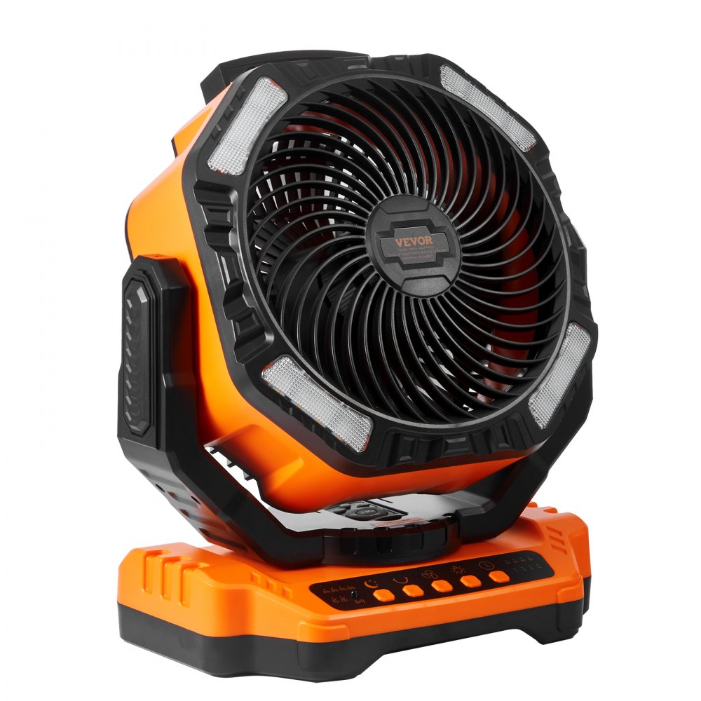 orange and black VEVOR portable fan with control buttons on the base.
