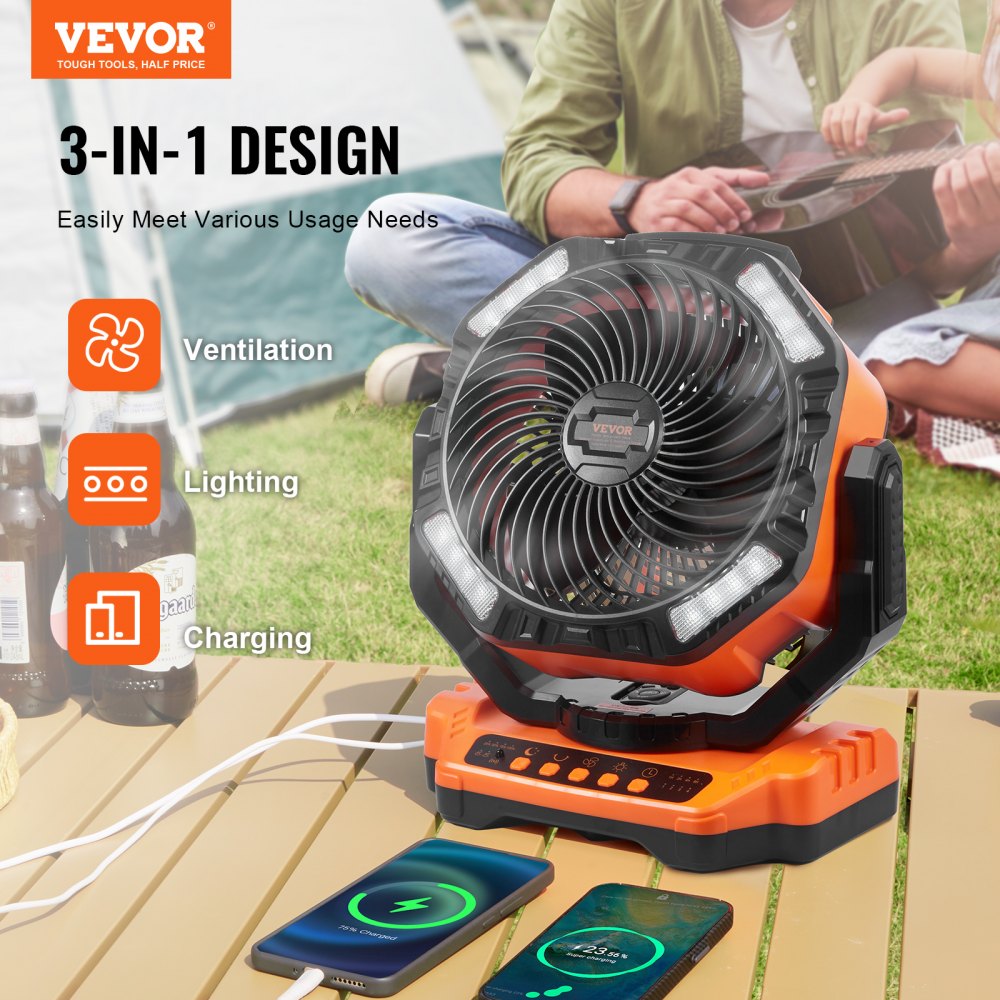 VEVOR Portable Fan Rechargeable 13 inch, Battery Powered Fan with LED Lantern, 4 Speeds Adjustable & 45°/90°Automatic Swivel & Timer , USB Battery Operated Fans for Travel Bedroom Home Camping Office