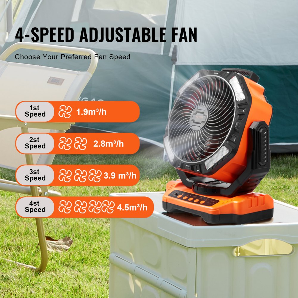 VEVOR Portable Fan Rechargeable 13 inch, Battery Powered Fan with LED Lantern, 4 Speeds Adjustable & 45°/90°Automatic Swivel & Timer , USB Battery Operated Fans for Travel Bedroom Home Camping Office