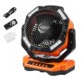 Ventilador portátil VEVOR con control remoto, cargador y cable USB en color negro y naranja.