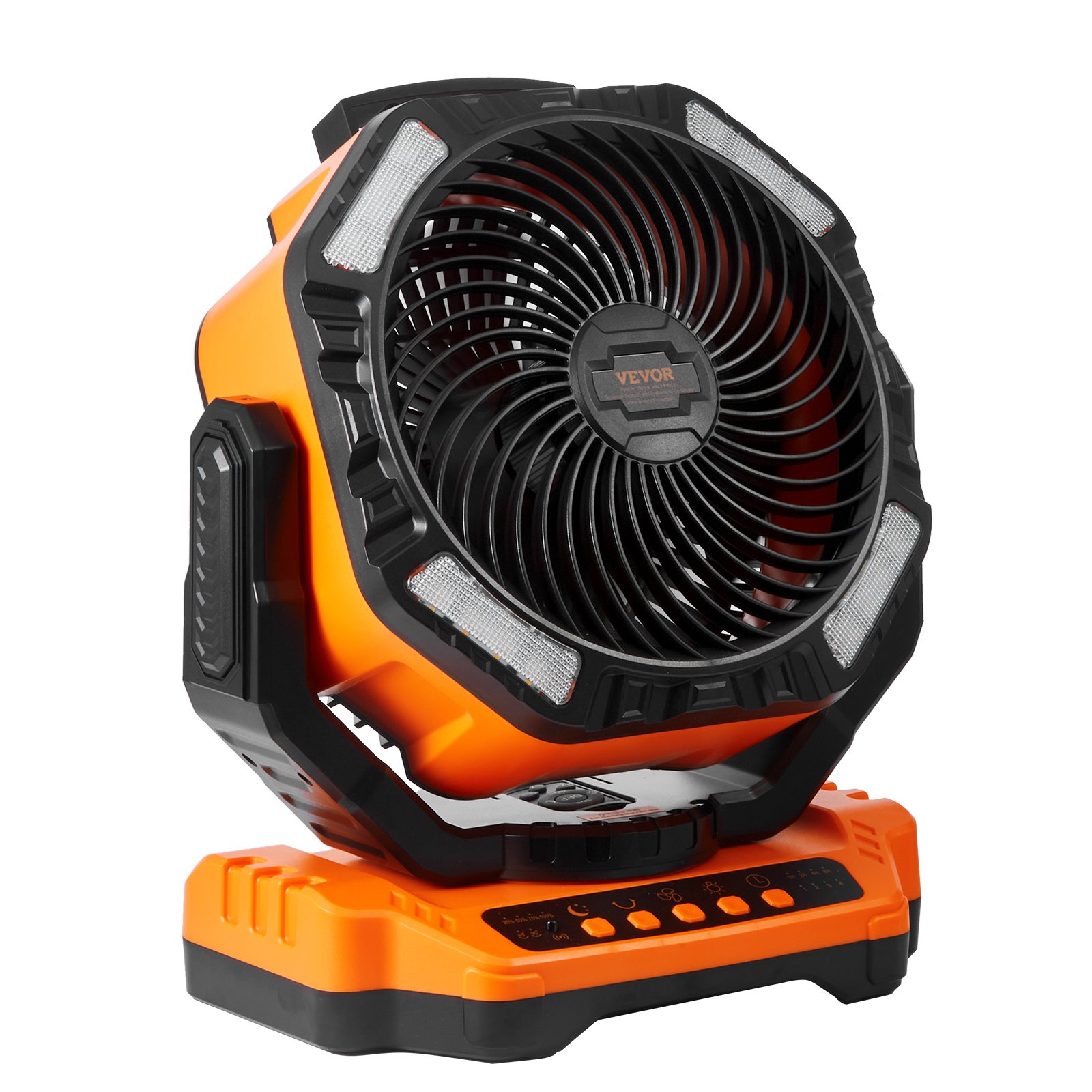 orange and black VEVOR portable fan with control buttons on the base.