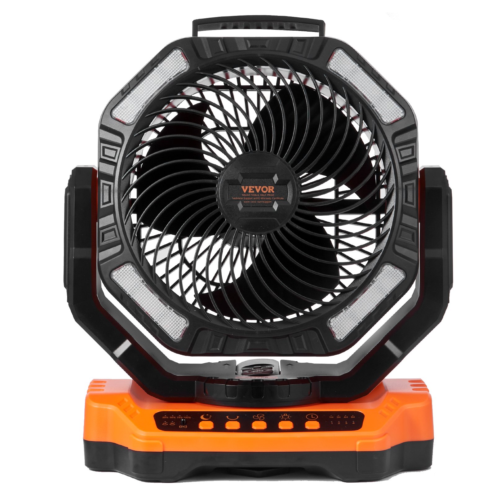 front view of a VEVOR portable fan with an orange base featuring control buttons.