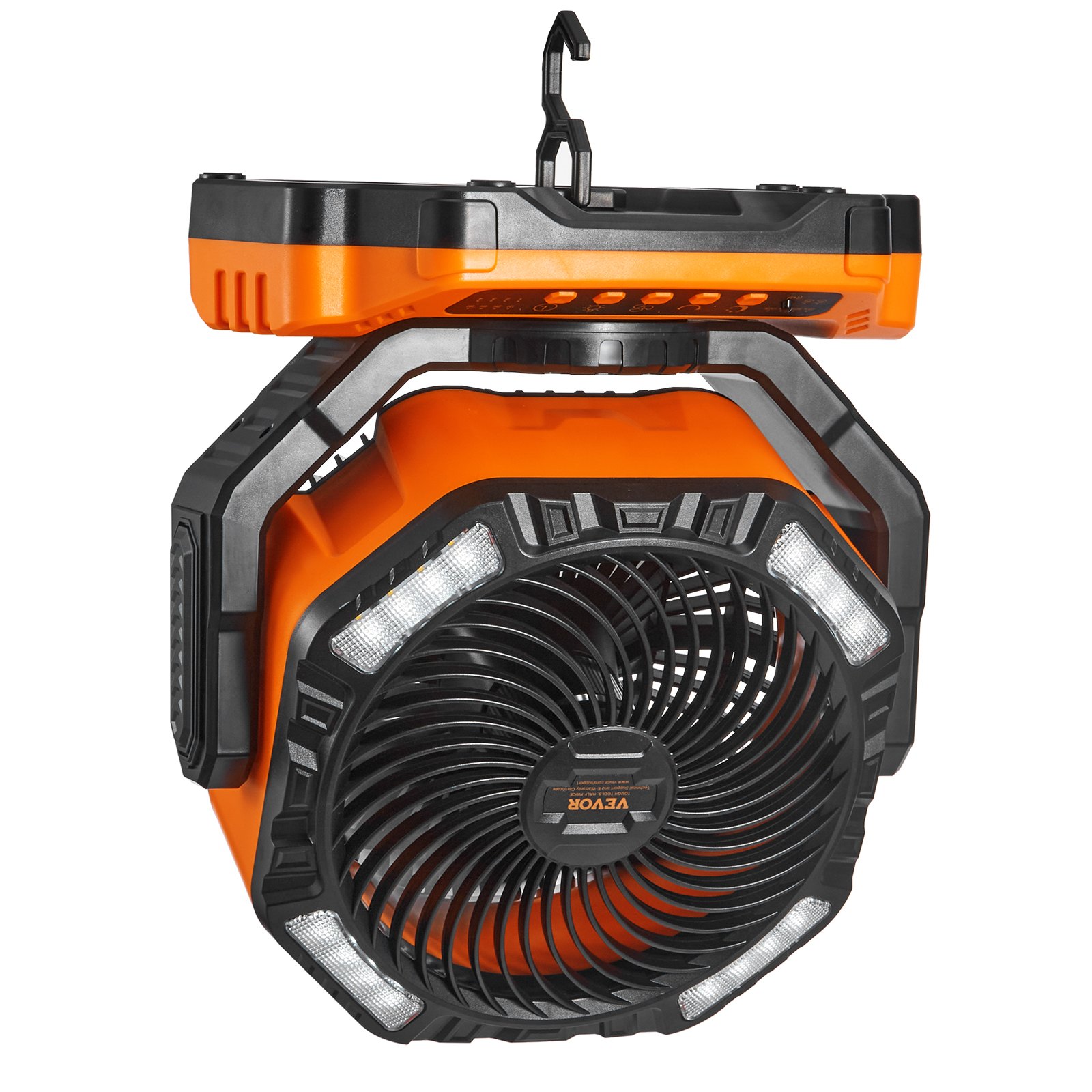 orange and black VEVOR portable fan with adjustable hook and led lights, designed for versatile use.
