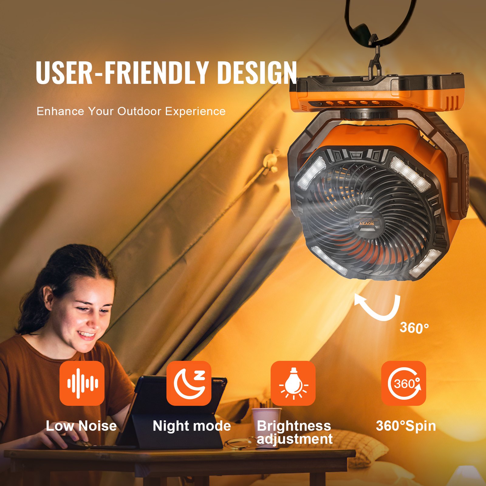 VEVOR Portable Fan Rechargeable 13 inch, Battery Powered Fan with LED Lantern, 4 Speeds Adjustable & 45°/90°Automatic Swivel & Timer , USB Battery Operated Fans for Travel Bedroom Home Camping Office