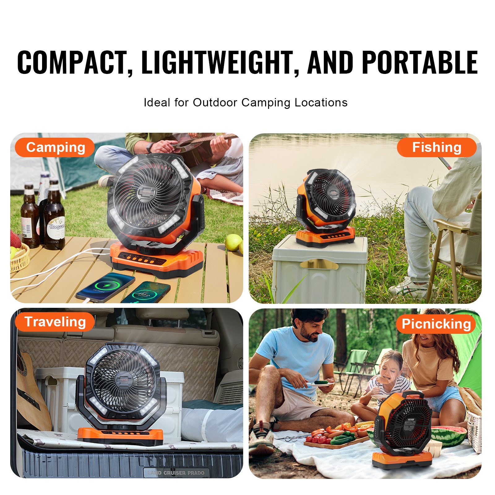 VEVOR Portable Fan Rechargeable 13 inch, Battery Powered Fan with LED Lantern, 4 Speeds Adjustable & 45°/90°Automatic Swivel & Timer , USB Battery Operated Fans for Travel Bedroom Home Camping Office