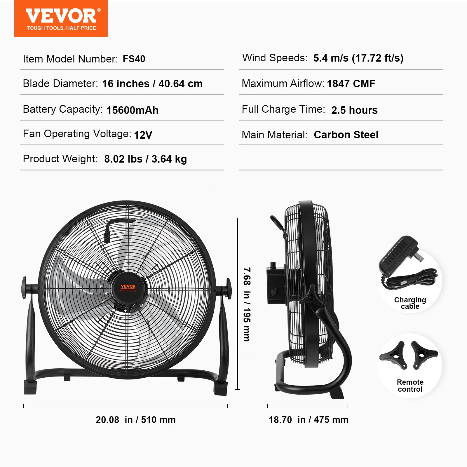 VEVOR Cordless Fan 16 in, Portable Quiet Personal Fan for Home or Office, 360 Degree Manual Pivoting Head, Stepless Speed Regulation High Velocity Cordless Fan, Heavy Duty Metal Industrial Floor Fans