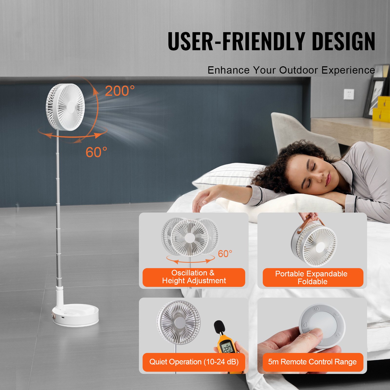 VEVOR foldbar oscillerende stående ventilator 203,2 mm med fjernbetjening bærbar USB