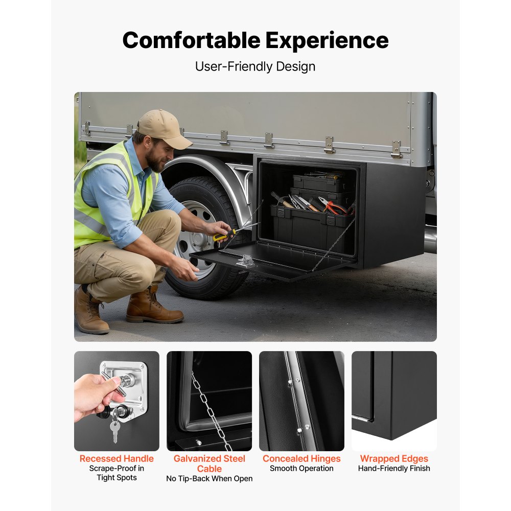 VEVOR Underbody Truck Tool Box, 914 x 609 x 609 mm Heavy Duty Steel Trailer Storage Box with Lock & Keys, Waterproof Trailer Storage Organizer Under Body Chest with T-Handle for Truck, Van, SUV, Black