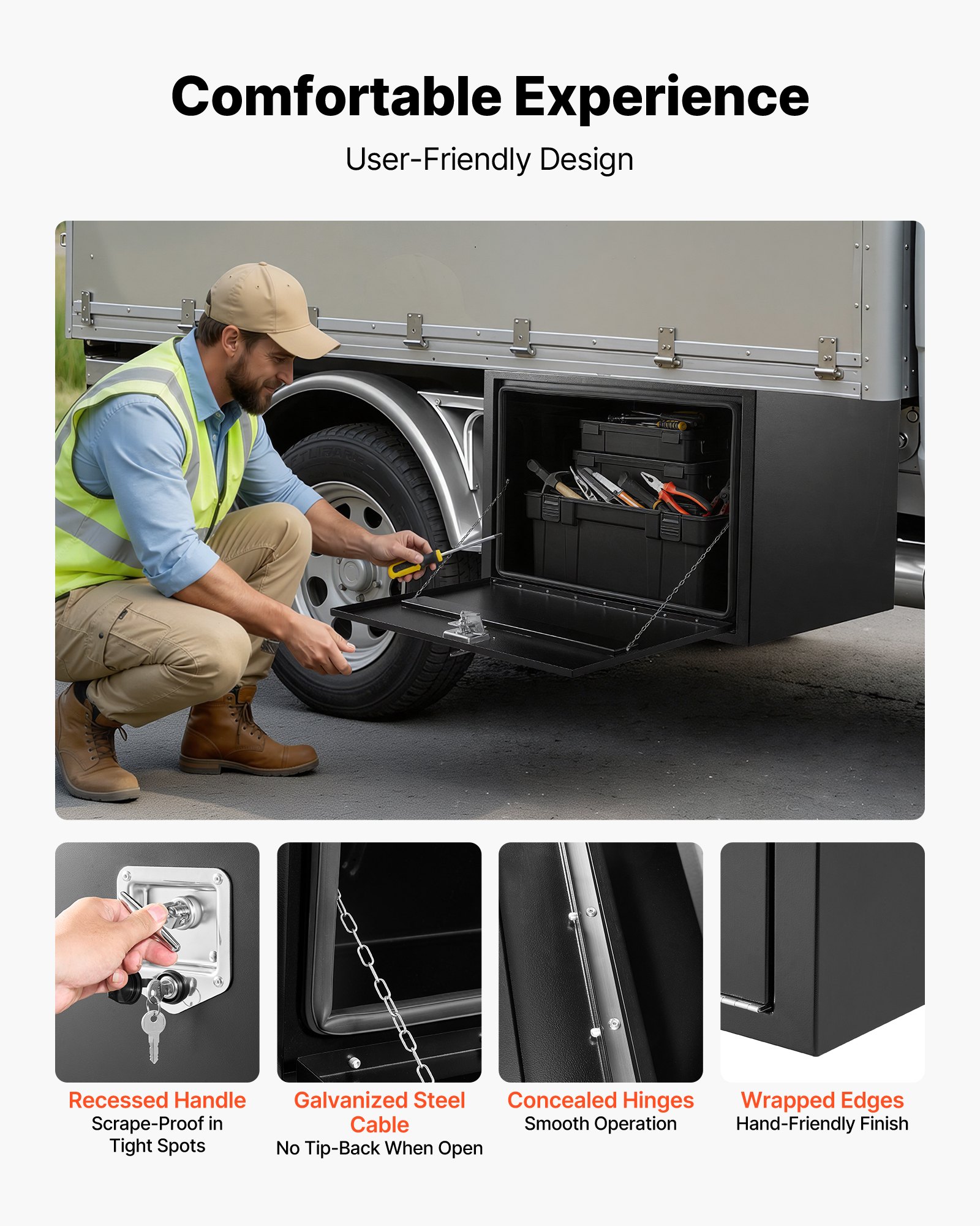 VEVOR Underbody Truck Tool Box, 914 x 609 x 609 mm Heavy Duty Steel Trailer Storage Box with Lock & Keys, Waterproof Trailer Storage Organizer Under Body Chest with T-Handle for Truck, Van, SUV, Black