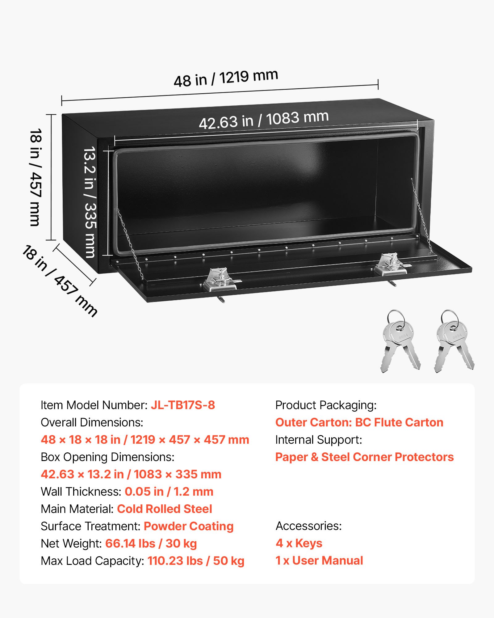 VEVOR Underbody Truck Tool Box, 1219 x 457 x 457 mm Heavy Duty Steel Trailer Storage Box with Lock & Keys, Waterproof Trailer Storage Organizer Under Body Chest with T-Handle for Truck Van SUV, Black