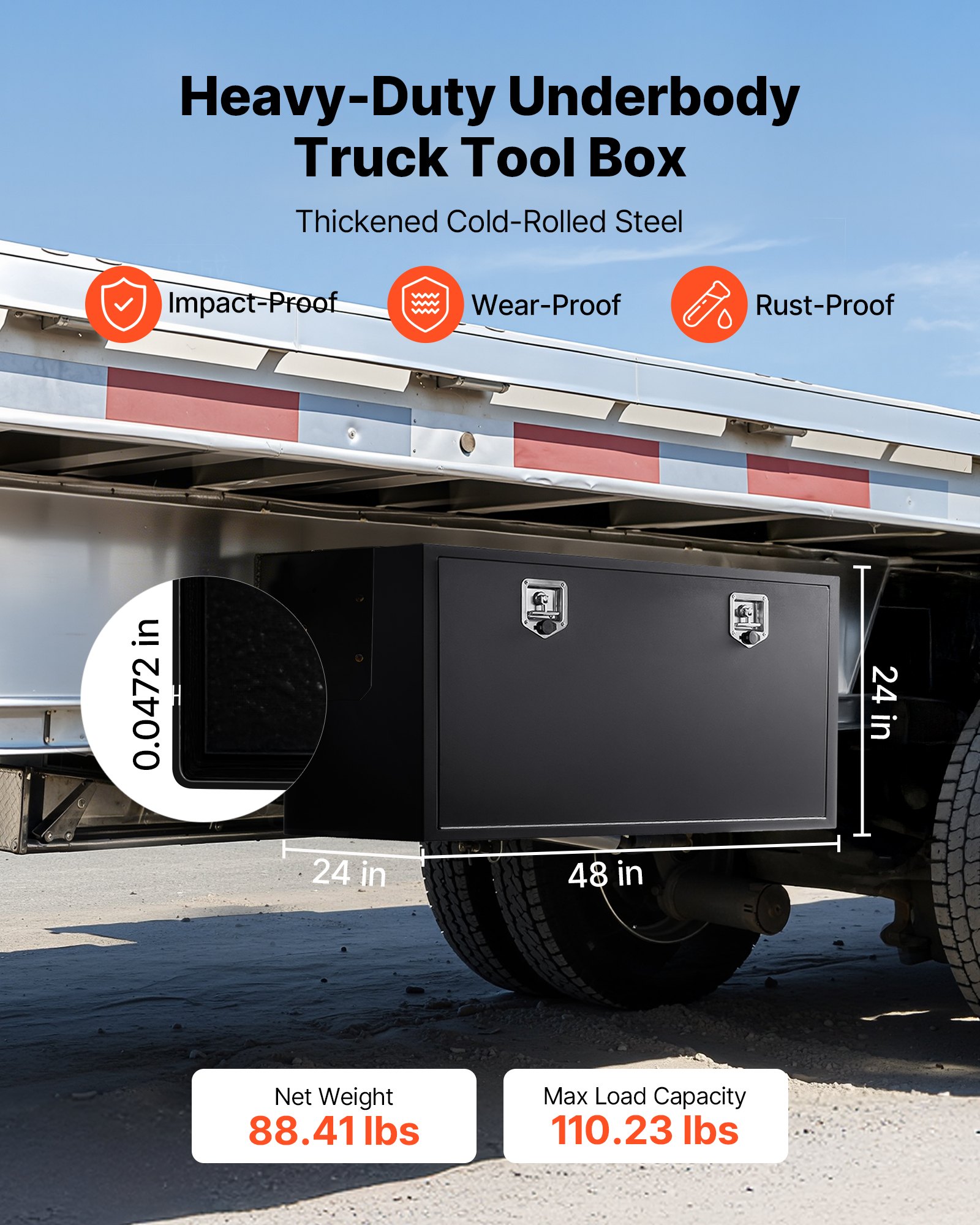 VEVOR Underbody Truck Tool Box, 1219 x 609 x 609 mm Heavy Duty Steel Trailer Storage Box with Lock & Keys, Waterproof Trailer Storage Organizer Under Body Chest with T-Handle for Truck Van SUV, Black