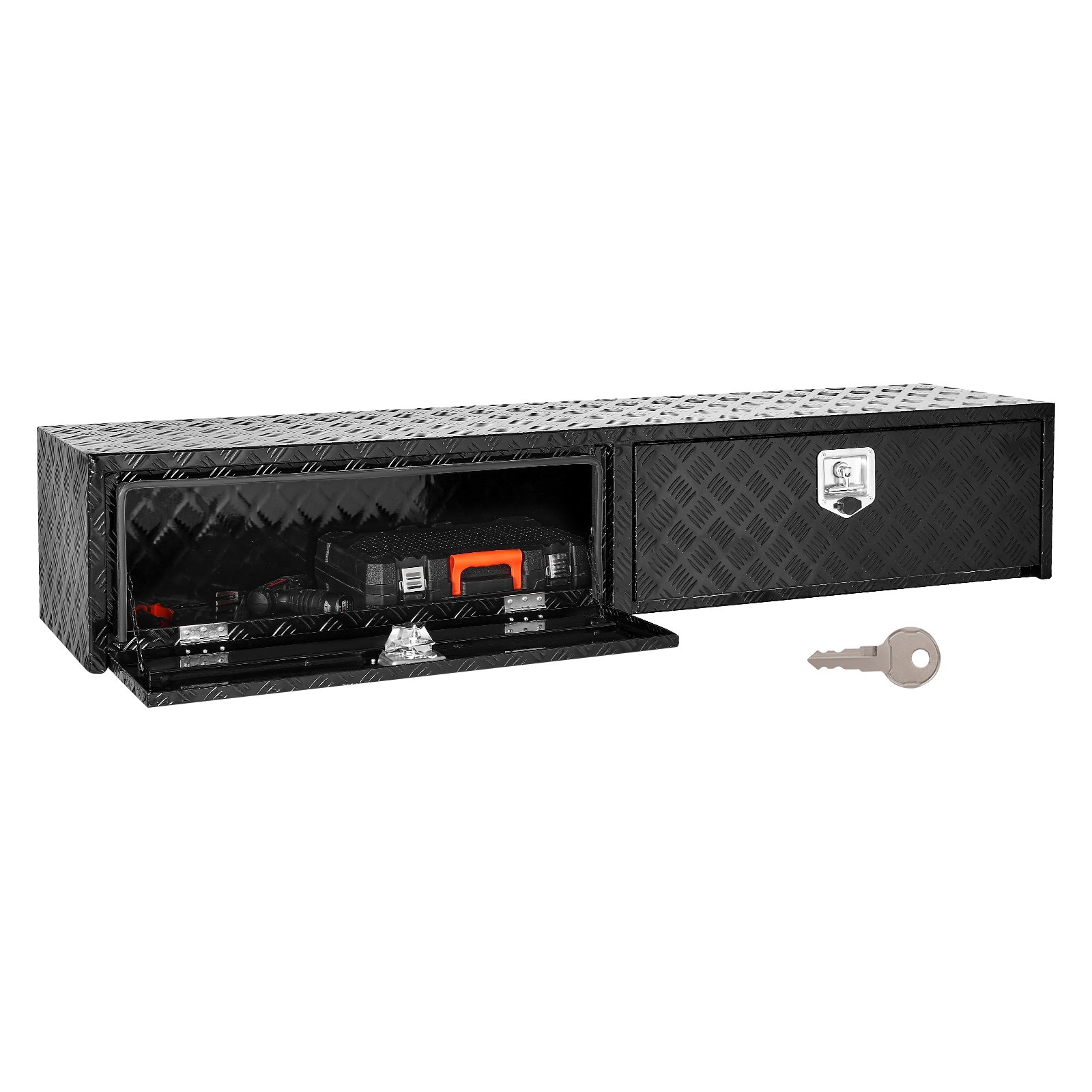 VEVOR Truck Tool Box, 72 x 13 x 16 Inch, Black Aluminum Tread Topsider Toolbox with Dual Drop Doors, Heavy Duty Lockable Storage and Organization Box with Latch, Corrosion-Resistant, for Truck Bed