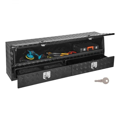 VEVOR Contractor Truck Tool Box, 72 x 21 x 13 in, Black Tread Aluminum TopSider Toolbox with Two Lower Drawers, Flip Up Door, Weather-Resistant Heavy Duty Storage Box with Latch, for Truck Bed Pickup