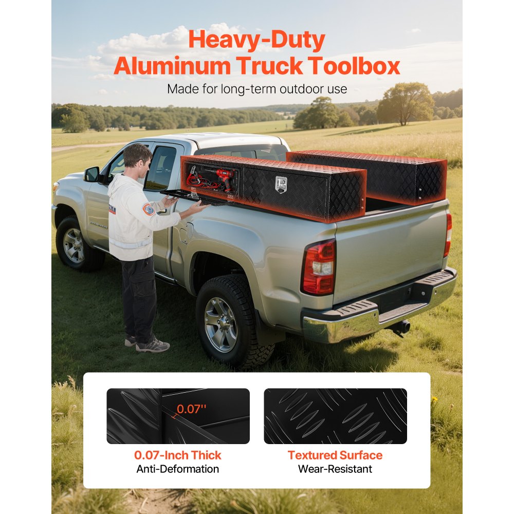 VEVOR Truck Tool Box, 88 x 16 x 13 Inch, Black Aluminum Tread Topsider Toolbox with Dual Drop Doors, Heavy Duty Lockable Storage and Organization Box with Latch, Corrosion-Resistant, for Truck Bed