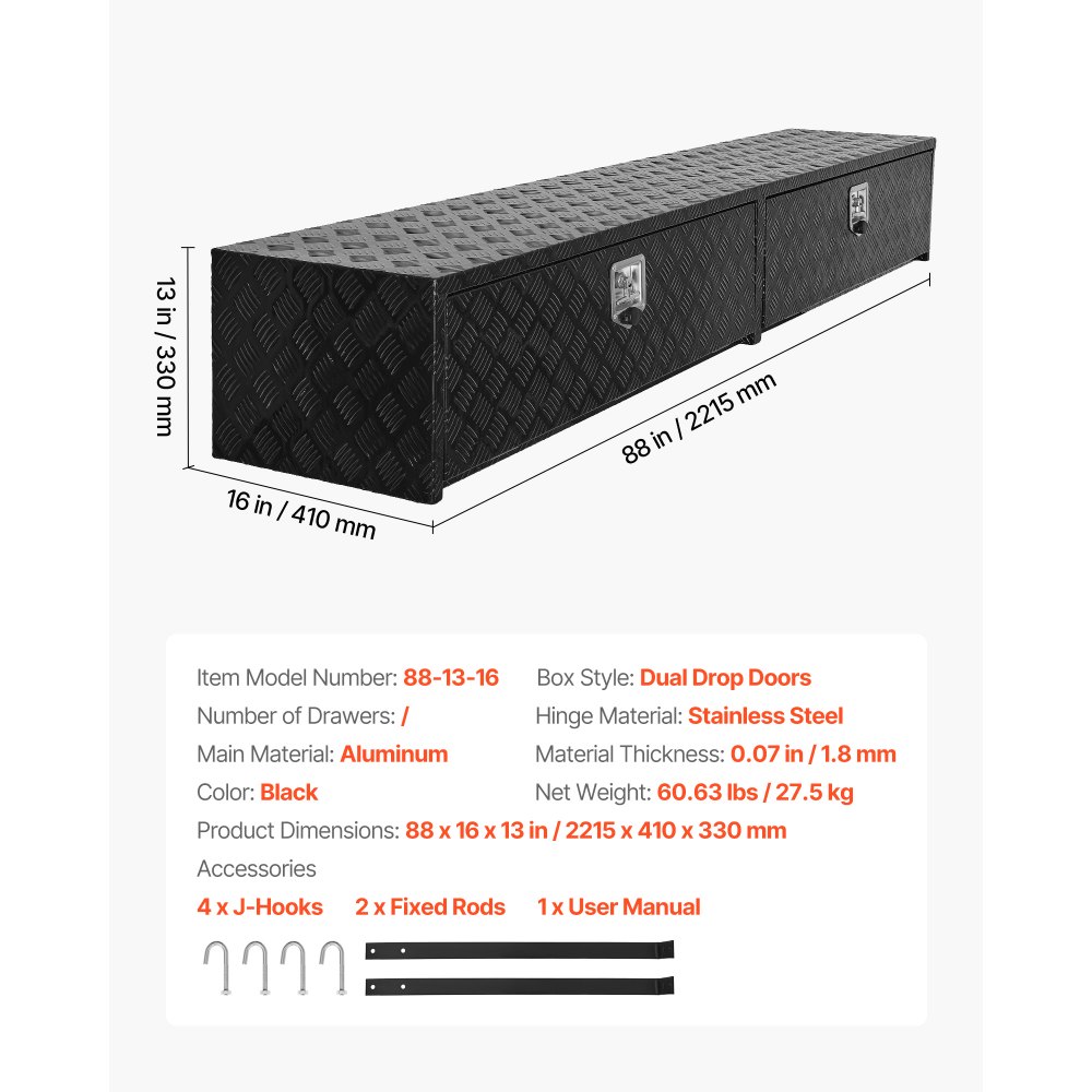 VEVOR Truck Tool Box, 88 x 16 x 13 Inch, Black Aluminum Tread Topsider Toolbox with Dual Drop Doors, Heavy Duty Lockable Storage and Organization Box with Latch, Corrosion-Resistant, for Truck Bed