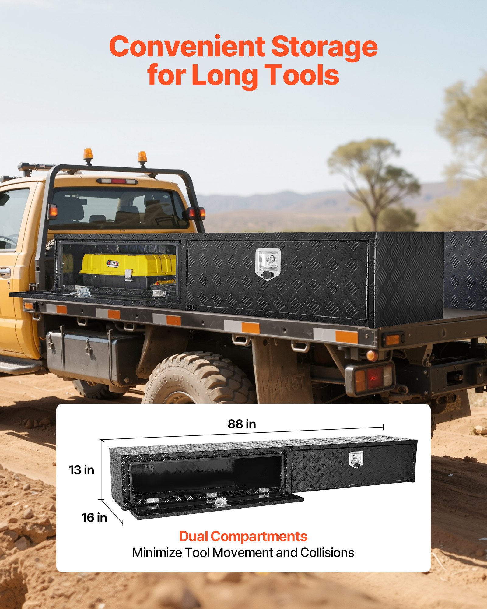 VEVOR Truck Tool Box, 88 x 16 x 13 Inch, Black Aluminum Tread Topsider Toolbox with Dual Drop Doors, Heavy Duty Lockable Storage and Organization Box with Latch, Corrosion-Resistant, for Truck Bed