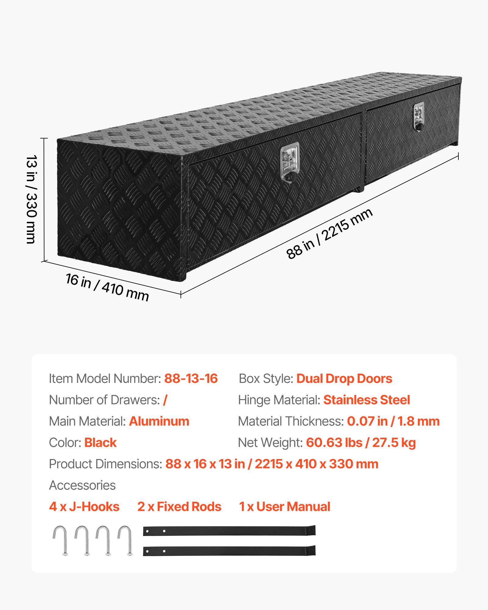 VEVOR Truck Tool Box, 88 x 16 x 13 Inch, Black Aluminum Tread Topsider Toolbox with Dual Drop Doors, Heavy Duty Lockable Storage and Organization Box with Latch, Corrosion-Resistant, for Truck Bed