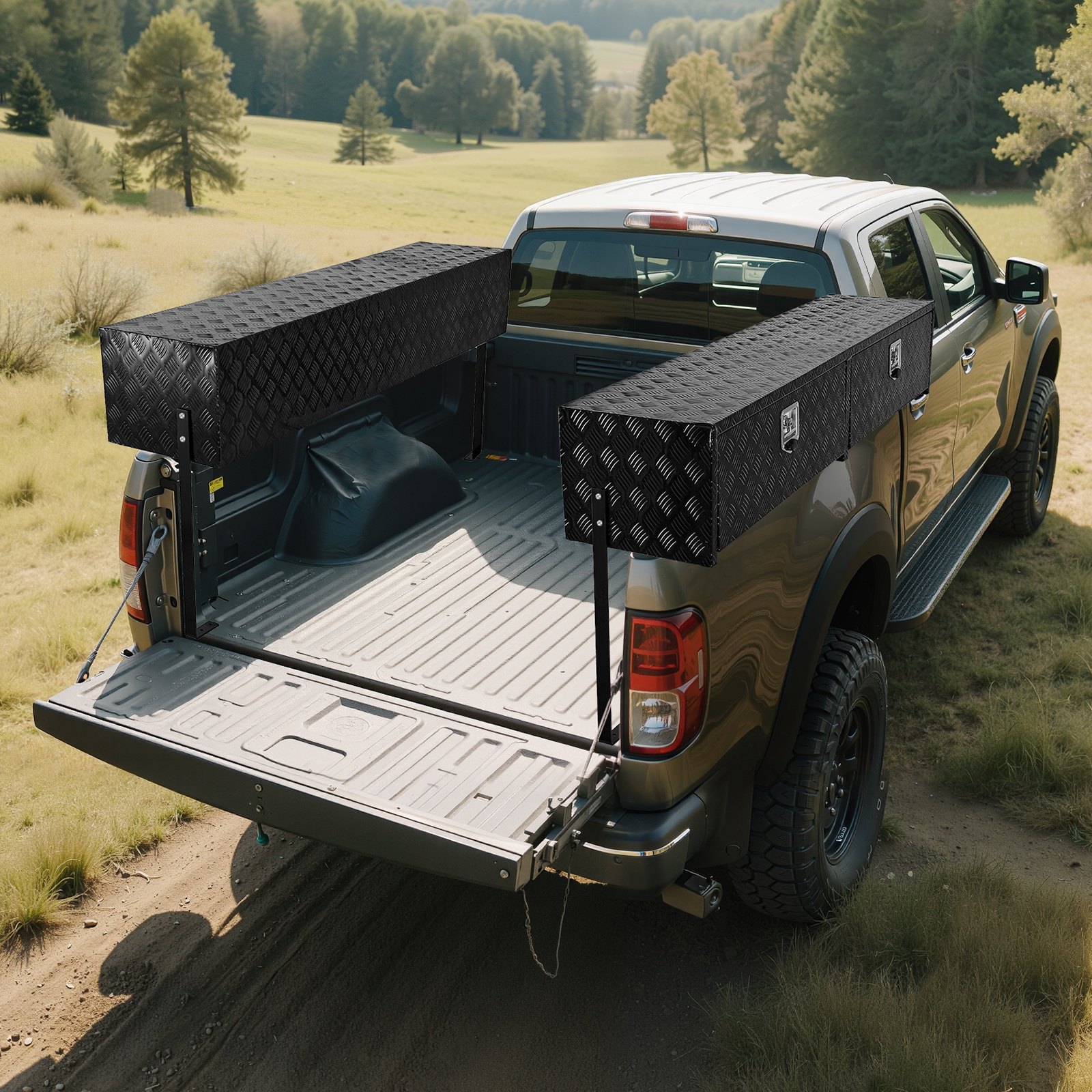 VEVOR Truck Tool Box, 88 x 16 x 13 Inch, Black Aluminum Tread Topsider Toolbox with Dual Drop Doors, Heavy Duty Lockable Storage and Organization Box with Latch, Corrosion-Resistant, for Truck Bed