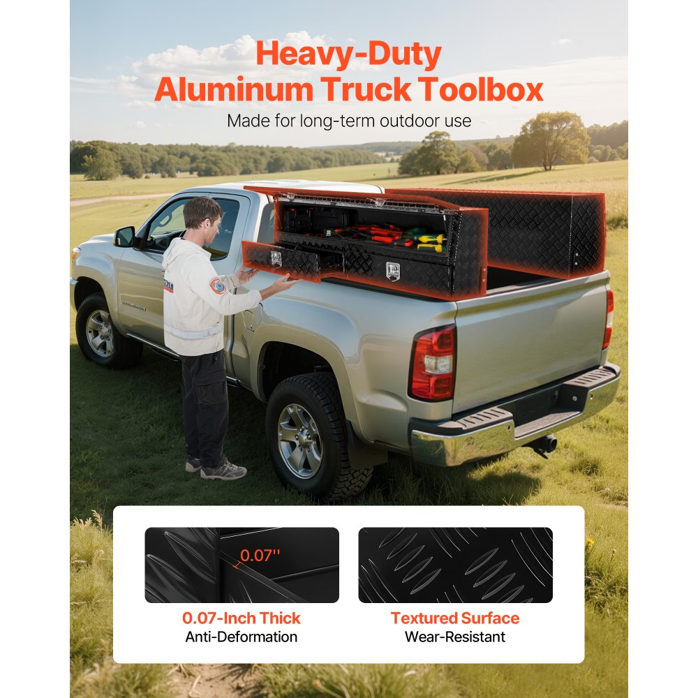VEVOR Contractor Truck Tool Box, 81.5 x 21 x 13 in, Black Tread Aluminum TopSider Toolbox with Two Lower Drawers, Flip Up Door, Weather-Resistant Heavy Duty Storage Box, with Latch, for Truck Bed