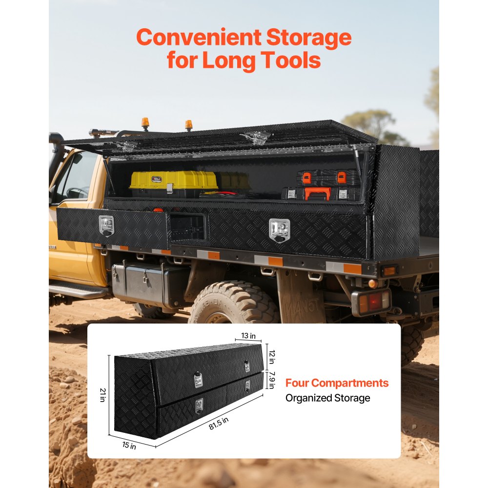 VEVOR Contractor Truck Tool Box, 81.5 x 21 x 13 in, Black Tread Aluminum TopSider Toolbox with Two Lower Drawers, Flip Up Door, Weather-Resistant Heavy Duty Storage Box, with Latch, for Truck Bed