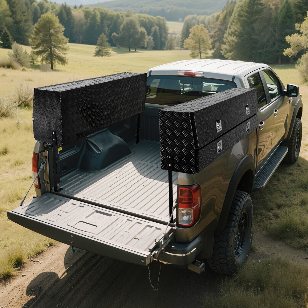 VEVOR Contractor Truck Tool Box, 81.5 x 21 x 13 in, Black Tread Aluminum TopSider Toolbox with Two Lower Drawers, Flip Up Door, Weather-Resistant Heavy Duty Storage Box, with Latch, for Truck Bed