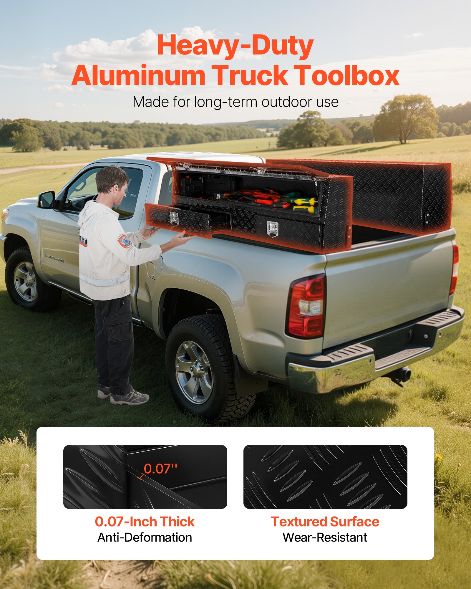 VEVOR Contractor Truck Tool Box, 81.5 x 21 x 13 in, Black Tread Aluminum TopSider Toolbox with Two Lower Drawers, Flip Up Door, Weather-Resistant Heavy Duty Storage Box, with Latch, for Truck Bed
