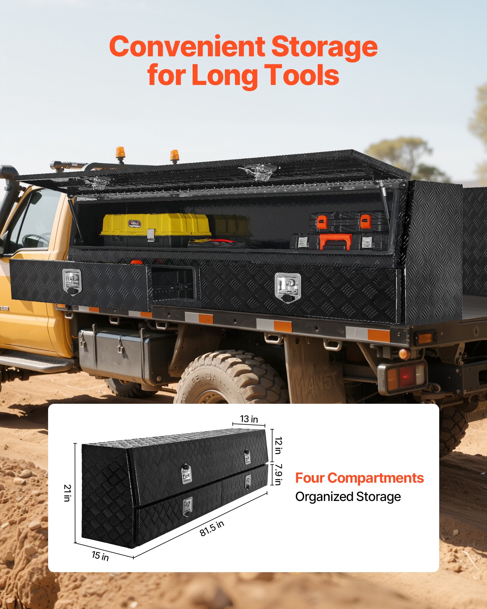 VEVOR Contractor Truck Tool Box, 81.5 x 21 x 13 in, Black Tread Aluminum TopSider Toolbox with Two Lower Drawers, Flip Up Door, Weather-Resistant Heavy Duty Storage Box, with Latch, for Truck Bed