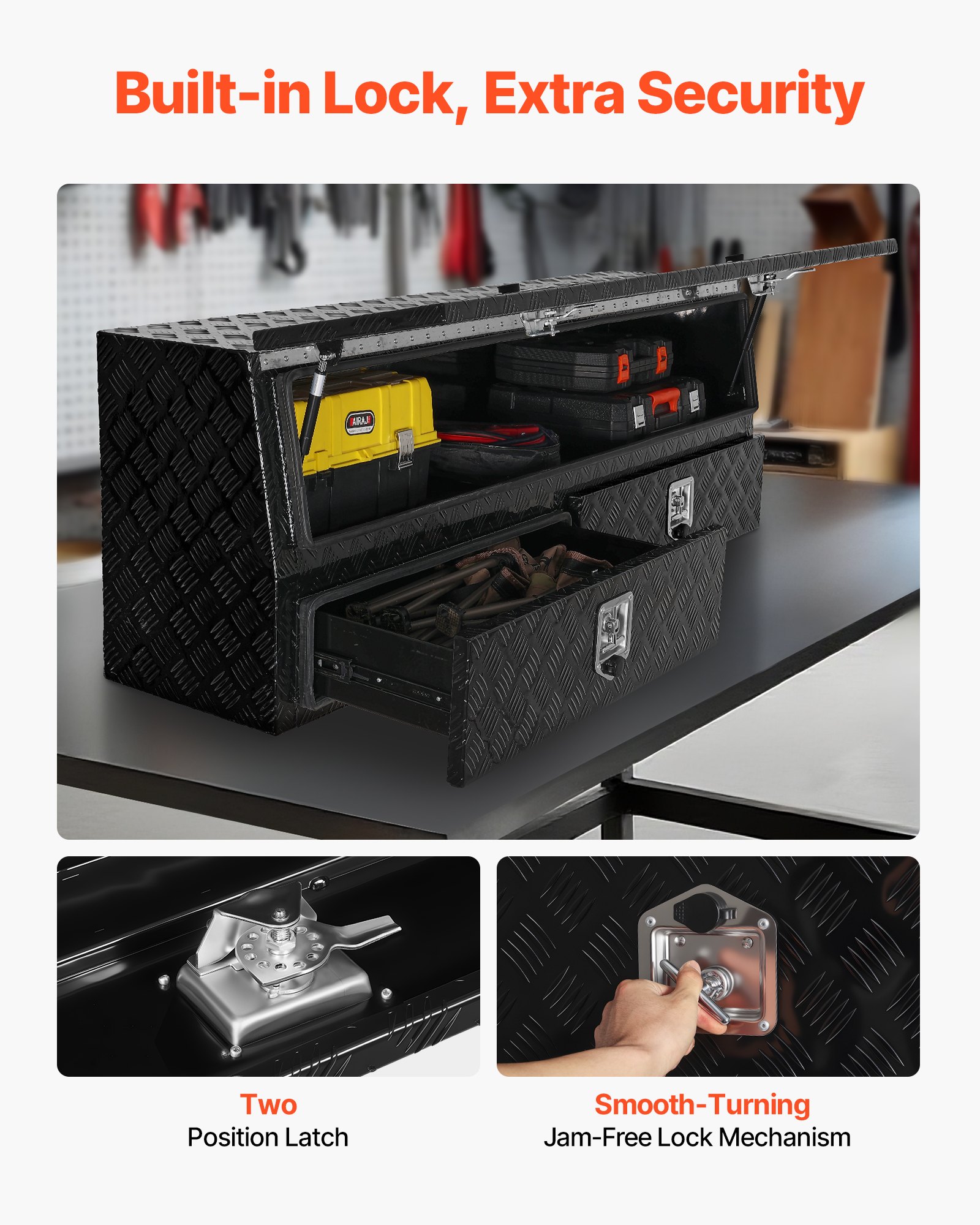 VEVOR Contractor Truck Tool Box, 81.5 x 21 x 13 in, Black Tread Aluminum TopSider Toolbox with Two Lower Drawers, Flip Up Door, Weather-Resistant Heavy Duty Storage Box, with Latch, for Truck Bed