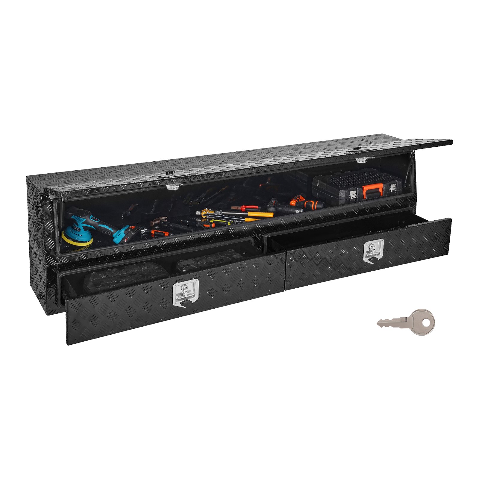 VEVOR Contractor Truck Tool Box, 81.5 x 21 x 13 in, Black Tread Aluminum TopSider Toolbox with Two Lower Drawers, Flip Up Door, Weather-Resistant Heavy Duty Storage Box, with Latch, for Truck Bed
