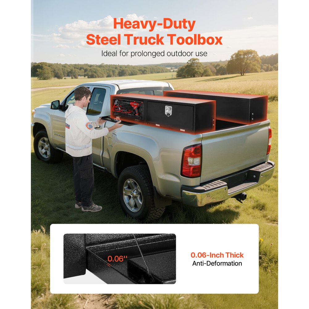 VEVOR Truck Tool Box, 72 x 13 x 16 Inch, Black Carbon Steel Topsider Toolbox with Dual Drop Doors, Heavy Duty Lockable Storage & Organization Box with Latch, Corrosion-Resistant, for Truck Bed Pickup