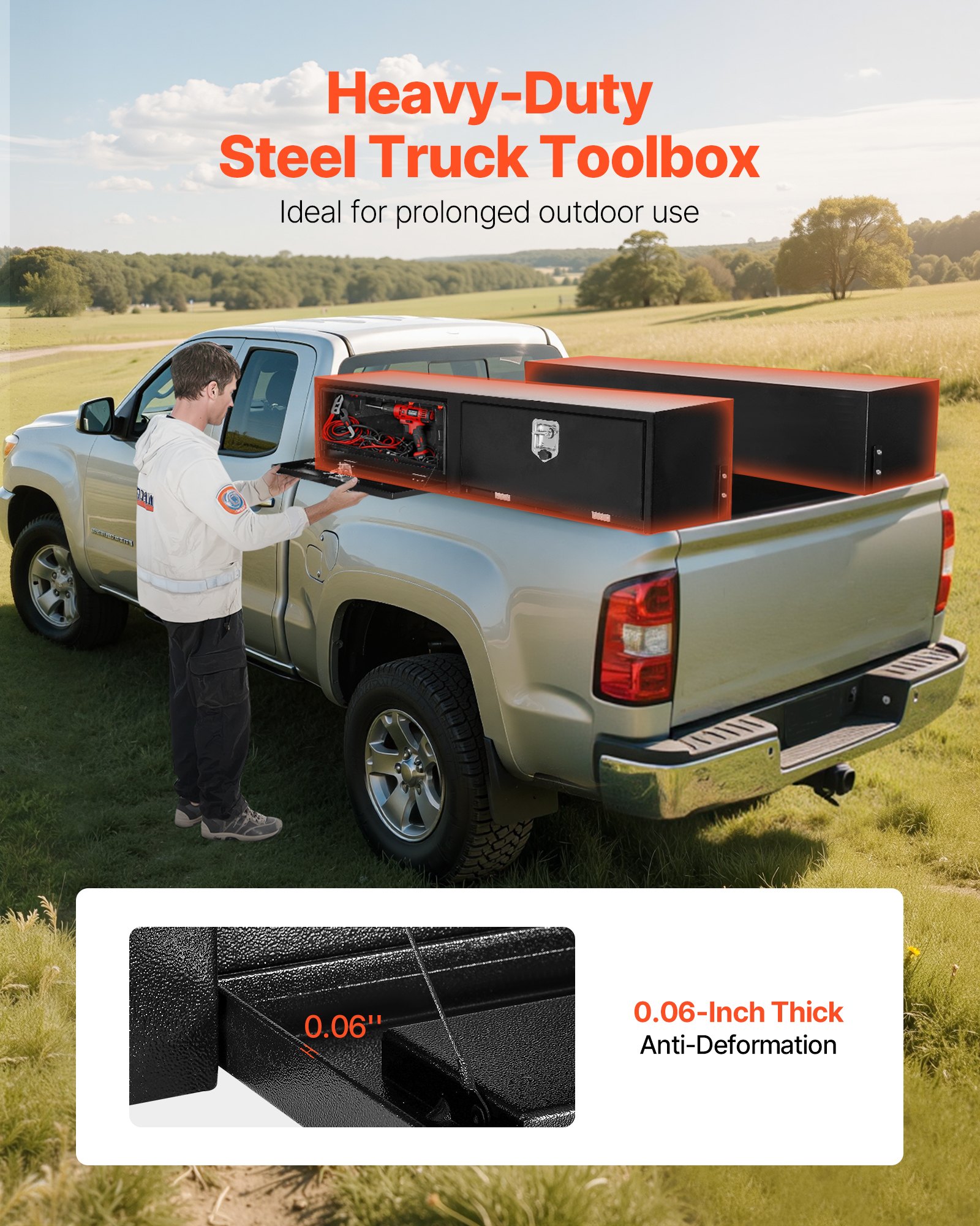 VEVOR Truck Tool Box, 72 x 13 x 16 Inch, Black Carbon Steel Topsider Toolbox with Dual Drop Doors, Heavy Duty Lockable Storage & Organization Box with Latch, Corrosion-Resistant, for Truck Bed Pickup