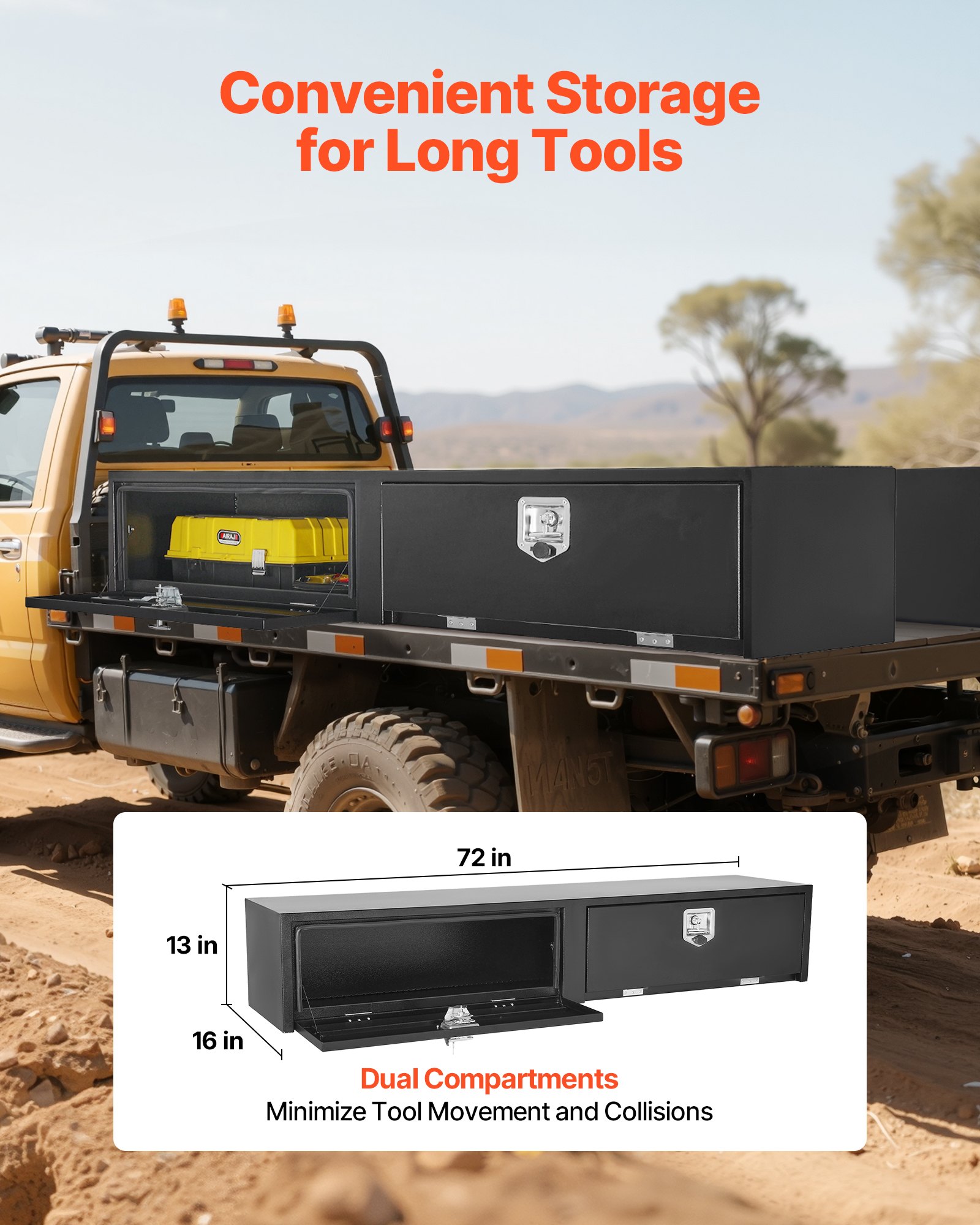 VEVOR Truck Tool Box, 72 x 13 x 16 Inch, Black Carbon Steel Topsider Toolbox with Dual Drop Doors, Heavy Duty Lockable Storage & Organization Box with Latch, Corrosion-Resistant, for Truck Bed Pickup