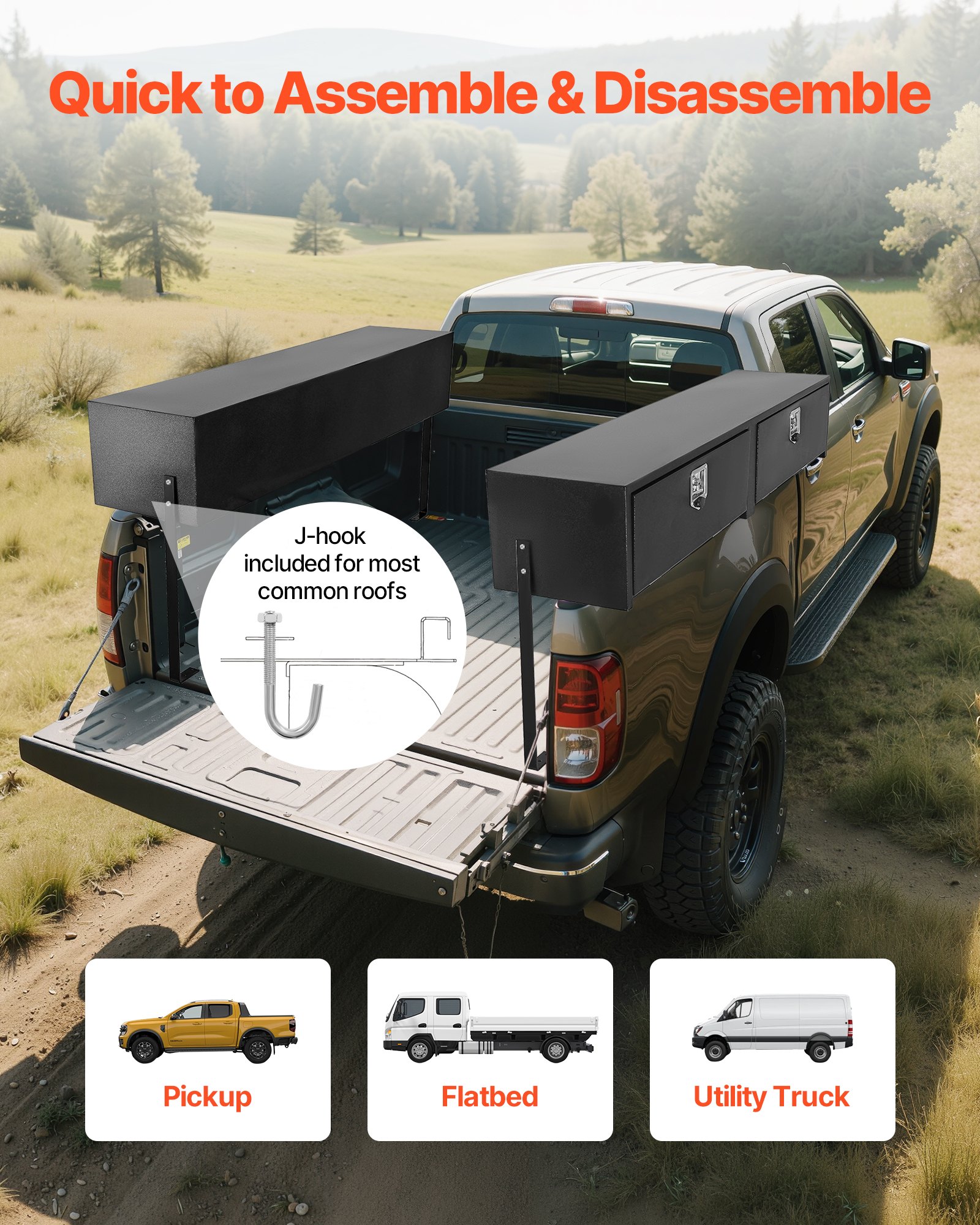 VEVOR Truck Tool Box, 72 x 13 x 16 Inch, Black Carbon Steel Topsider Toolbox with Dual Drop Doors, Heavy Duty Lockable Storage & Organization Box with Latch, Corrosion-Resistant, for Truck Bed Pickup