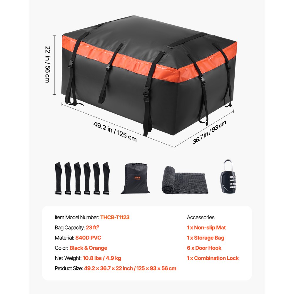 VEVOR Car Rooftop Cargo Carrier Bag, 23 Cubic Feet Roof Cargo Carrier, Heavy Duty 840D PVC 100% Waterproof Car Roof Luggage Bag for All Vehicle with/without Rack- with Lock, Anti-Slip Mat, 6 Door Hook