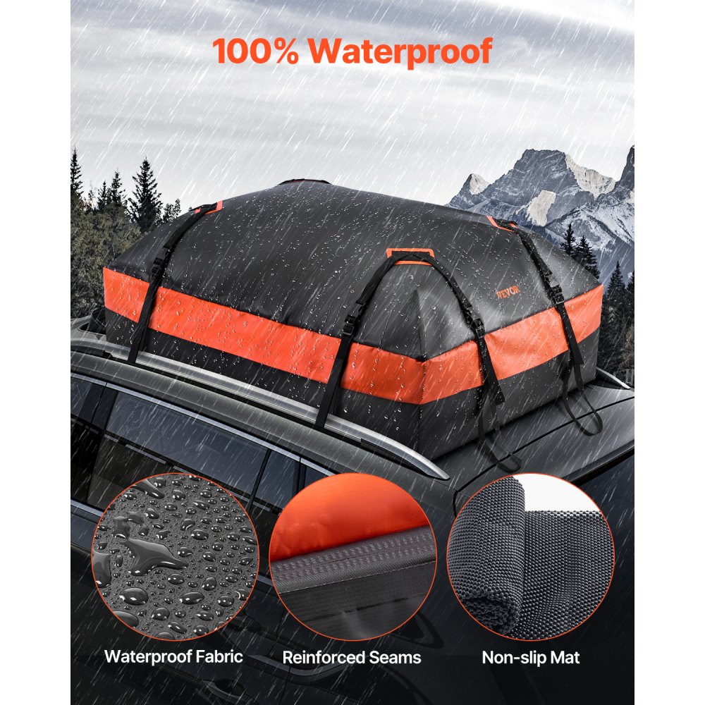 VEVOR Car Rooftop Cargo Carrier Bag, 15 Cubic Feet Car Roof Cargo Carrier, 100% Waterproof Heavy Duty 840D PVC Roof Luggage Bag for All Vehicle with/without Rack- with Lock, Non-Slip Mat, 4 Door Hooks