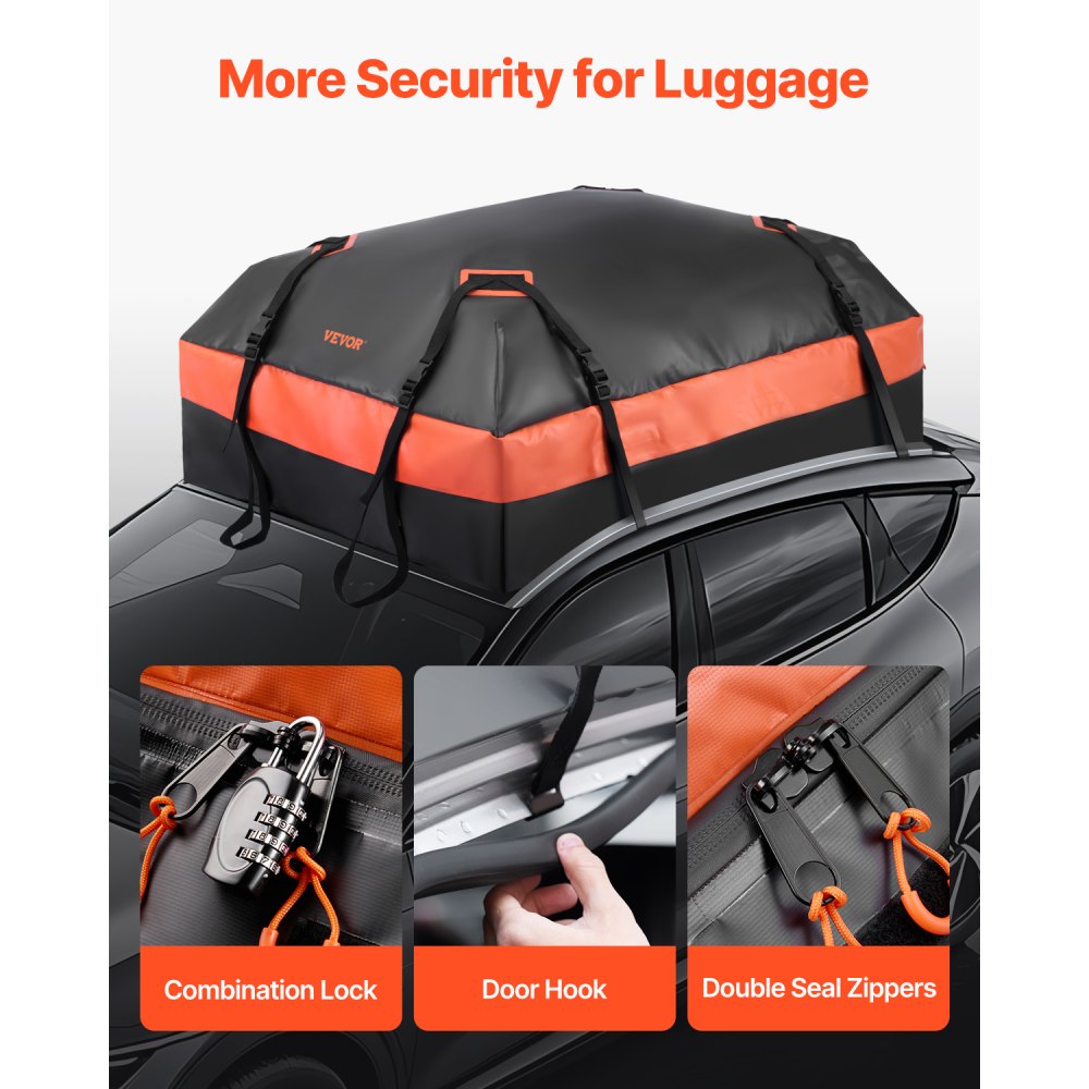 VEVOR Car Rooftop Cargo Carrier Bag, 15 Cubic Feet Car Roof Cargo Carrier, 100% Waterproof Heavy Duty 840D PVC Roof Luggage Bag for All Vehicle with/without Rack- with Lock, Non-Slip Mat, 4 Door Hooks