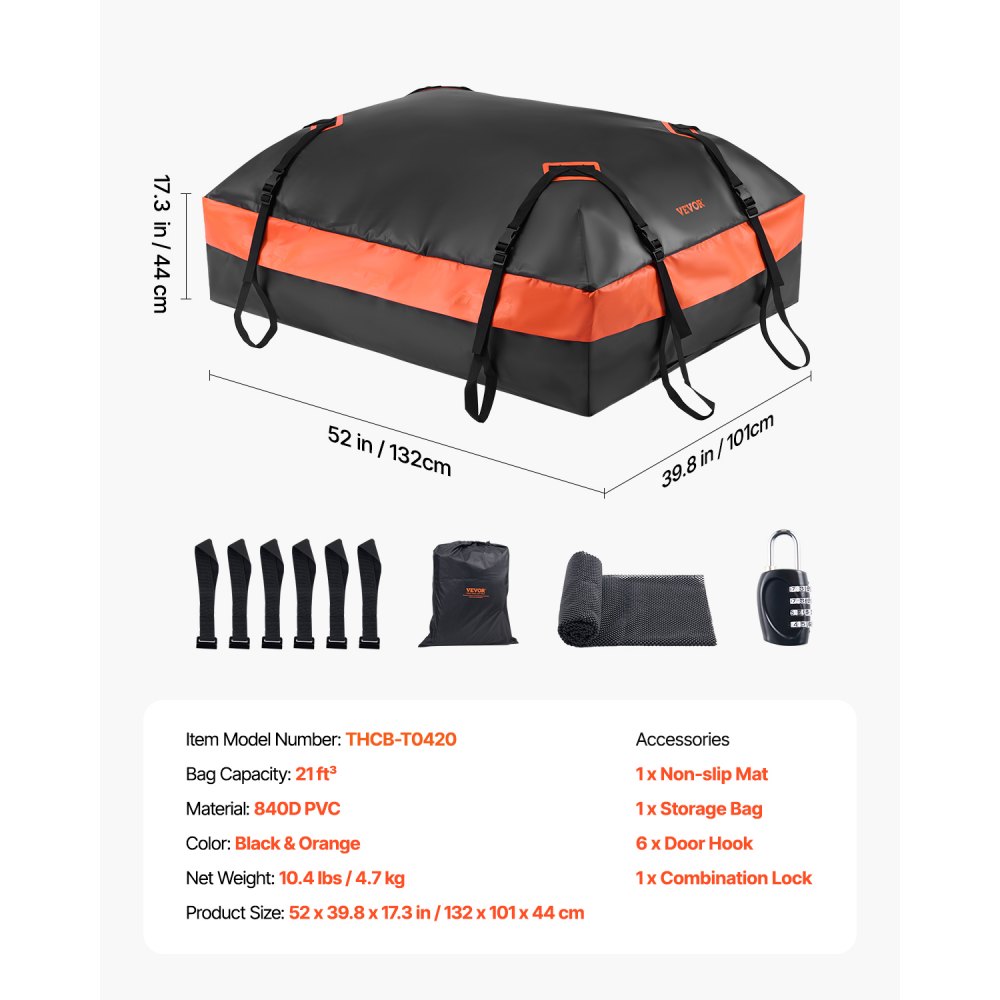 VEVOR Car Rooftop Cargo Carrier Bag, 21 Cubic Feet Car Roof Cargo Carrier, 100% Waterproof Heavy Duty 840D PVC Roof Luggage Bag for All Vehicle with/without Rack- with Lock, Non-Slip Mat, 6 Door Hooks