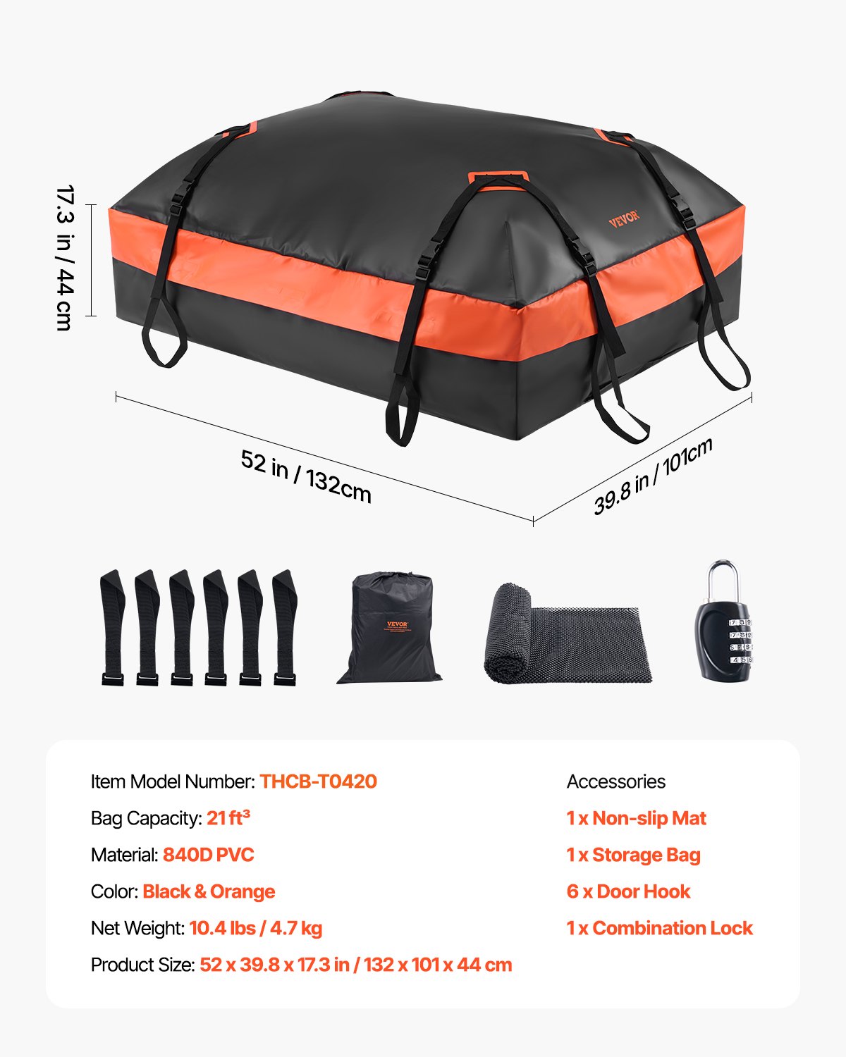 VEVOR Car Rooftop Cargo Carrier Bag, 21 Cubic Feet Car Roof Cargo Carrier, 100% Waterproof Heavy Duty 840D PVC Roof Luggage Bag for All Vehicle with/without Rack- with Lock, Non-Slip Mat, 6 Door Hooks