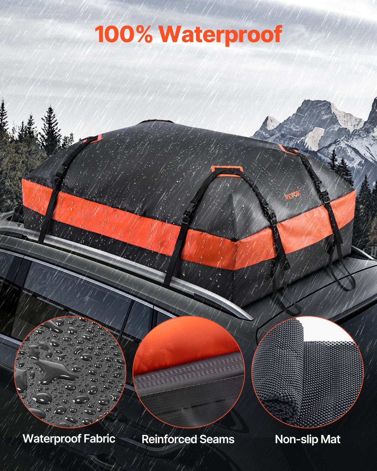 VEVOR Car Rooftop Cargo Carrier Bag, 21 Cubic Feet Car Roof Cargo Carrier, 100% Waterproof Heavy Duty 840D PVC Roof Luggage Bag for All Vehicle with/without Rack- with Lock, Non-Slip Mat, 6 Door Hooks