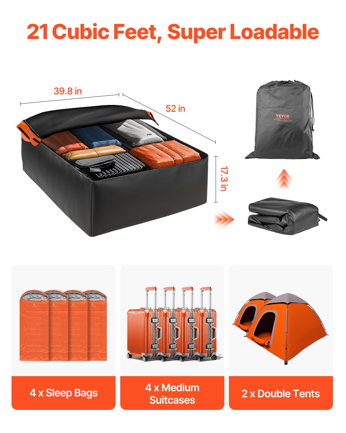 VEVOR Car Rooftop Cargo Carrier Bag, 21 Cubic Feet Car Roof Cargo Carrier, 100% Waterproof Heavy Duty 840D PVC Roof Luggage Bag for All Vehicle with/without Rack- with Lock, Non-Slip Mat, 6 Door Hooks