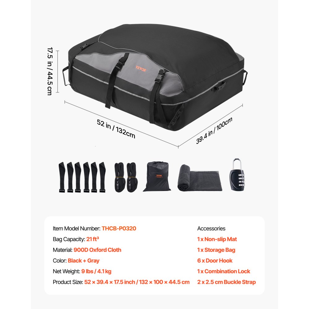 VEVOR Car Rooftop Cargo Carrier Bag, 21 Cubic Feet Cargo Carrier for Car Roof, 100% Waterproof 900D Oxford Cloth Roof Luggage Bag for All Vehicle with/without Rack- with Lock, Non-Slip Mat, Door Hooks